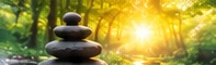 Balanced stones beside a sunlit forest stream