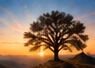 A tree silhouetted against a calm golden horizon